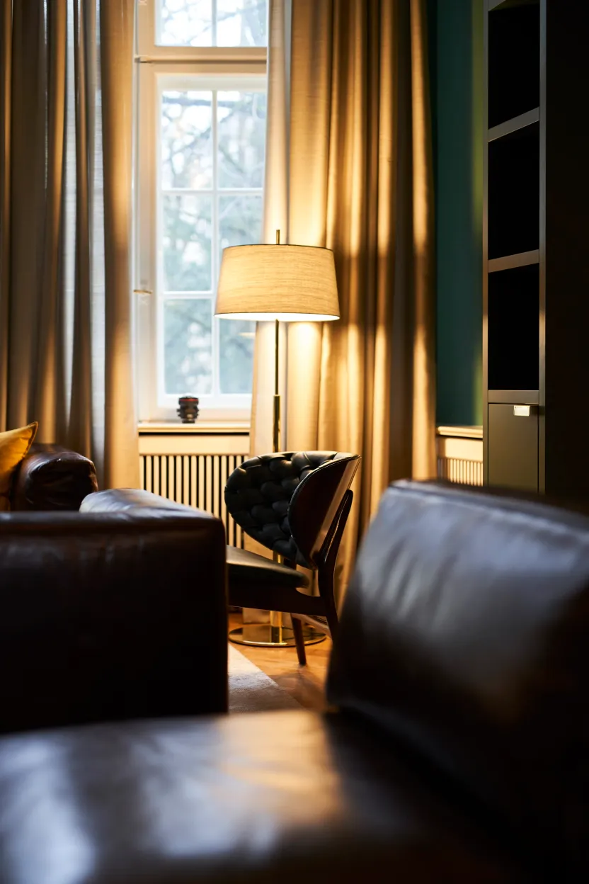 Geflochtener Ledersessel am Fenster mit Stehlampe