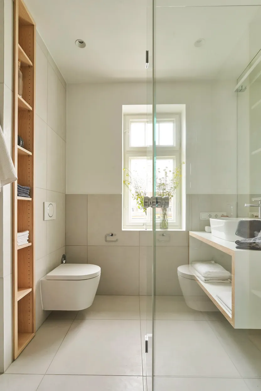 Bad mit Waschtisch, Dusche und Blick zum Fenster